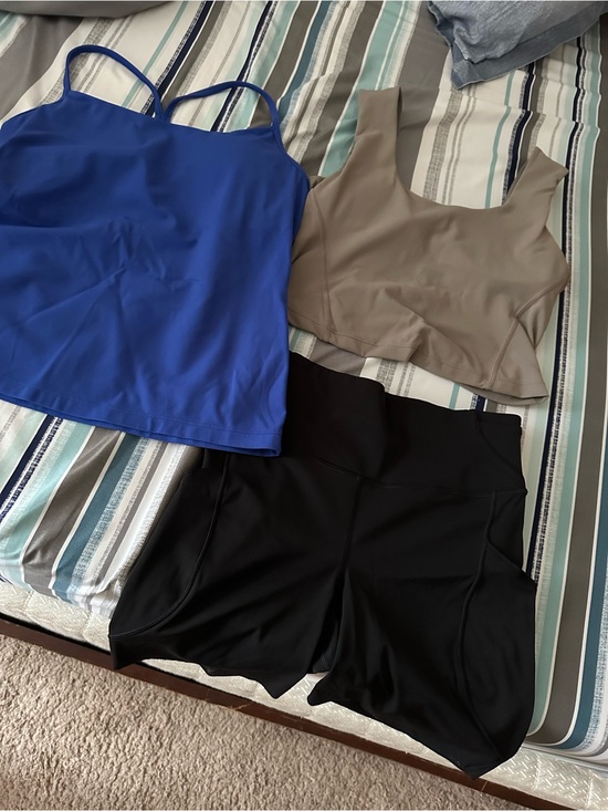 lululemon athletica Tops - lululemon cobalt blue tank, taupe crop tank & black shorts set